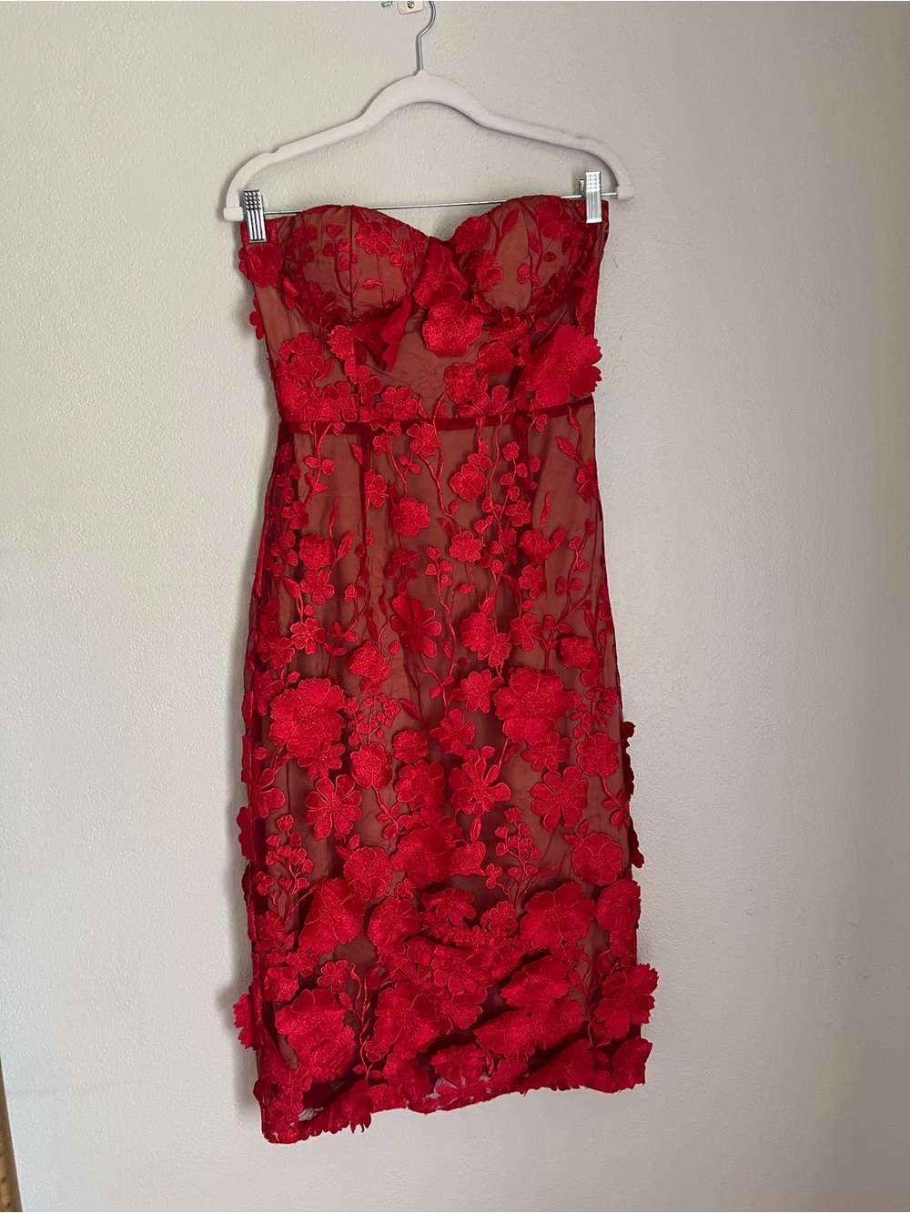Strapless Red Floral Appliqué Sheer Midi Dress